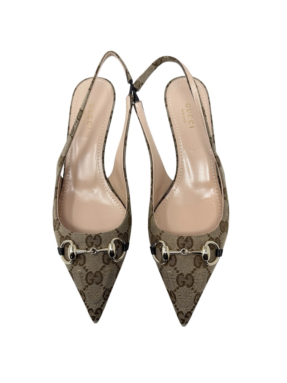 Gucci Erin Horsebit GG Canvas Slingback Kitten Heel Pumps Size 37.5